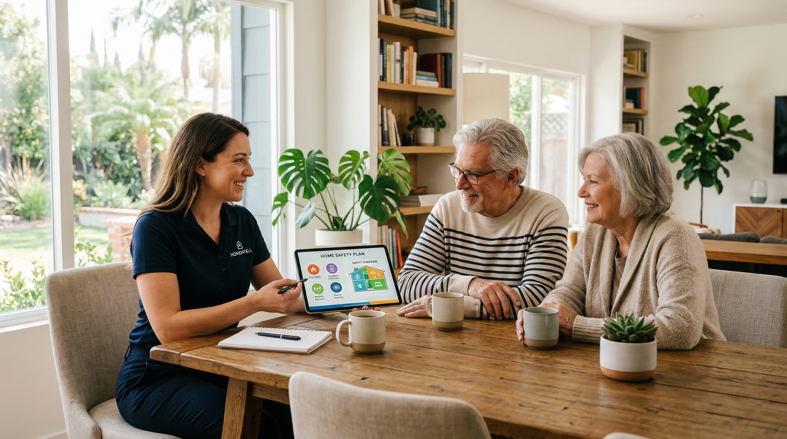 An Everwise specialist consulting with an elderly couple in their home, showing a safety plan on a tablet