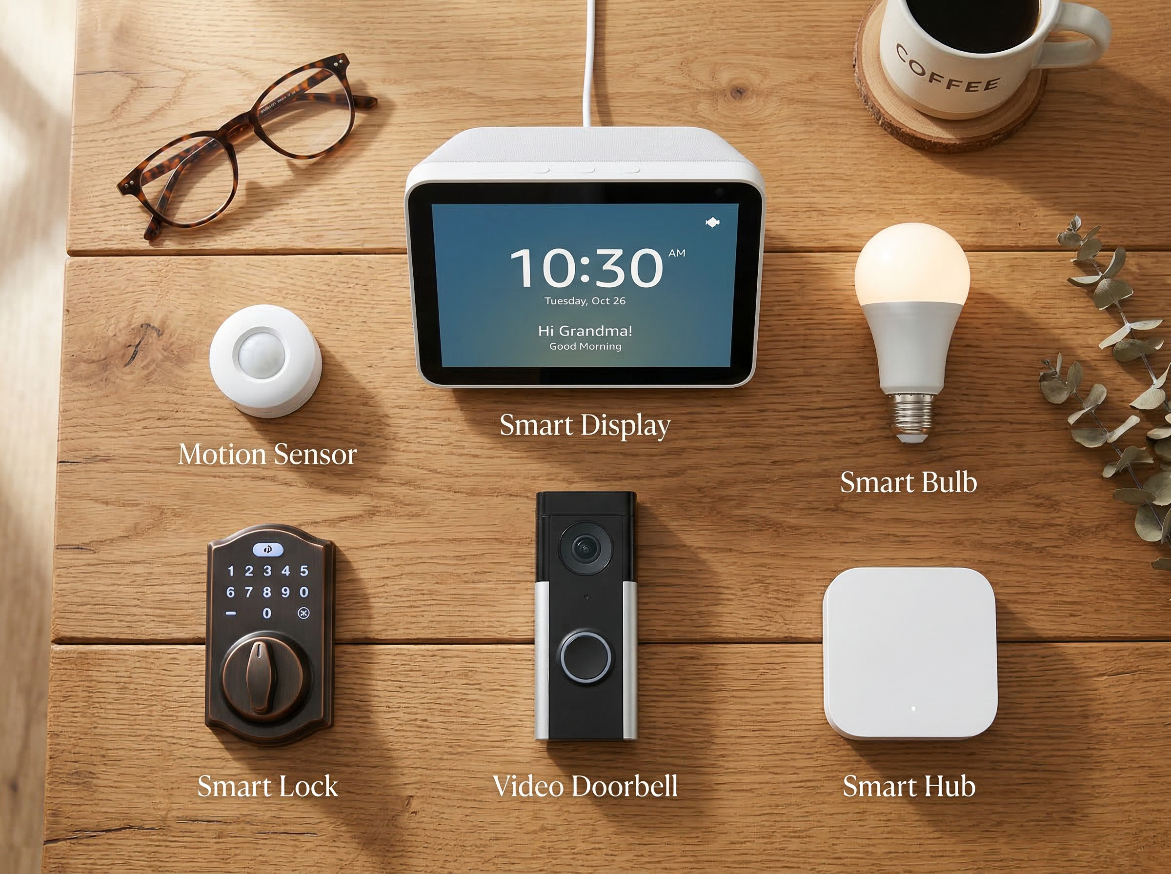 Smart home devices for seniors laid out on a warm wooden table: smart display, motion sensor, smart lock, video doorbell, smart bulb, and hub