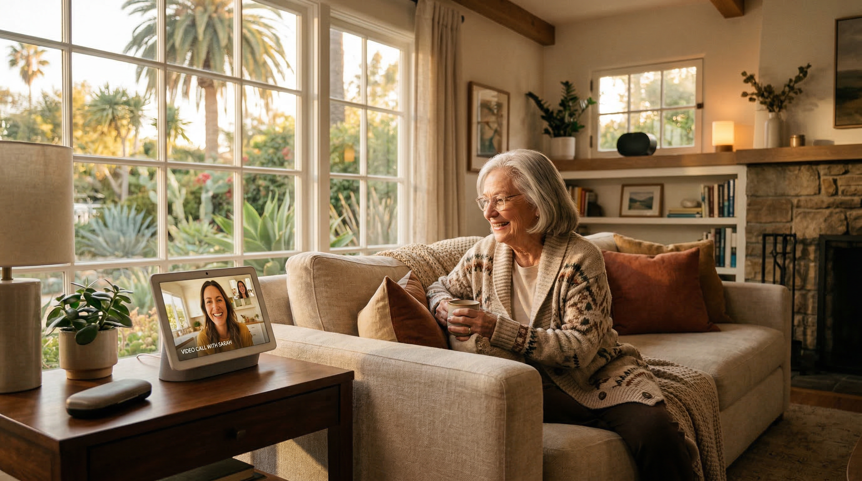 An elderly woman smiling while video chatting with her daughter on a smart home display in a sunlit California living room